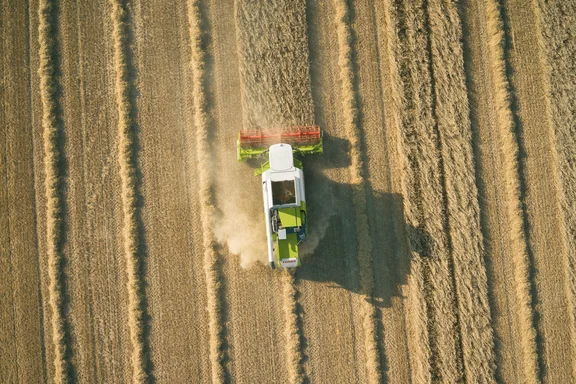 Mähdrescher drescht Korn, Feld von oben